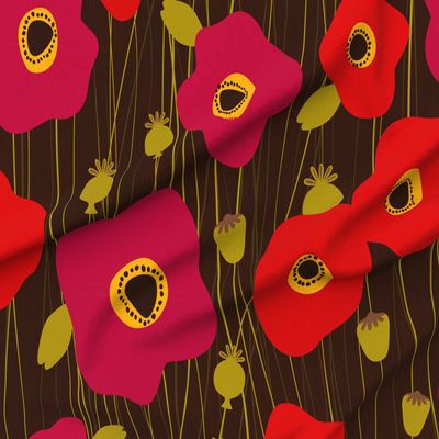 Spoonflower Fabric - Poppies Floral Nature Bloom Spring Botanical Red Brown Printed on Minky Fabric by The Yard - Sewing Baby Blankets Quilt Backing Plush