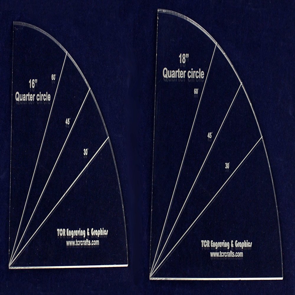 2 Piece Set Quarter Circle Templates 1/4 Inch Clear Acrylic Includes 30, 45 and 60 Degree Markings Laser Engraved and Cut