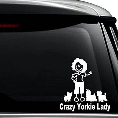 Crazy Yorkie Lady Dog Pet Lover Decal Sticker For Use On Laptop, Helmet, Car, Truck, Motorcycle, Windows, Bumper, Wall, and Decor Size- [8 inch] / [20 cm] Wide / Color- Matte White