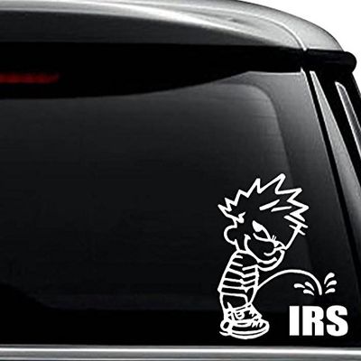 Piss Pee On IRS Tax Decal Sticker For Use On Laptop, Helmet, Car, Truck, Motorcycle, Windows, Bumper, Wall, and Decor Size- [6 inch] / [15 cm] Tall / Color- Matte Black