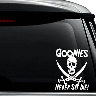 Goonies Never Say Die Decal Sticker For Use On Laptop, Helmet, Car, Truck, Motorcycle, Windows, Bumper, Wall, and Decor Size- [8 inch] / [20 cm] Wide / Color- Matte White