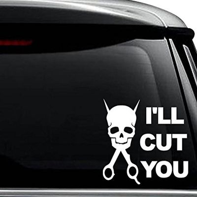 I'll Cut You Too Skull Scissor Barber Decal Sticker For Use On Laptop, Helmet, Car, Truck, Motorcycle, Windows, Bumper, Wall, and Decor Size- [6 inch] / [15 cm] Wide / Color- Matte Black