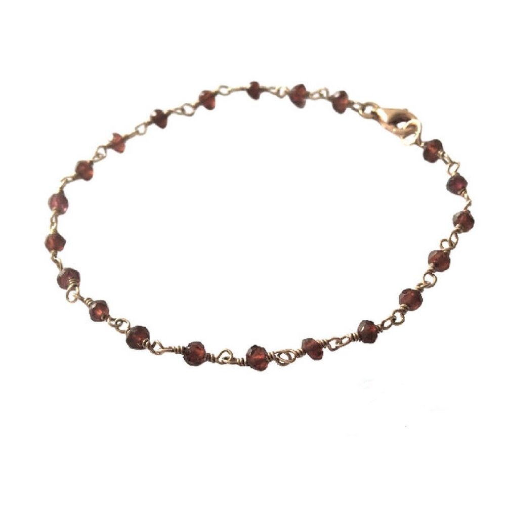 Natural Red Garnet Bracelet/Anklet Rondelle Faceted Beads Rosary Rose Gold Plated Wire Wrapped Vermeil Link Chain (6 Inch Bracelet)