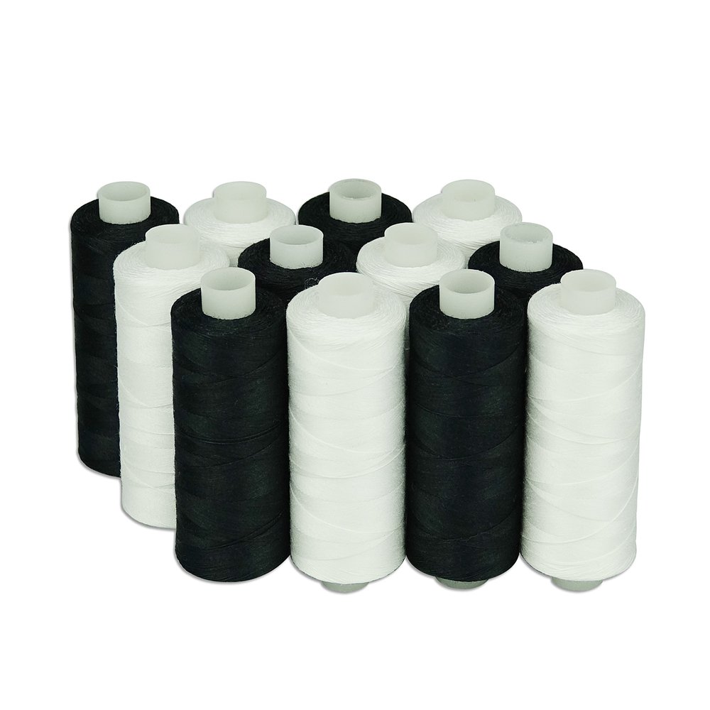 Simthread 6 White 6 Black 100% Cotton Sewing Thread 50s/3 for Quilting etc - 550 Yards Each