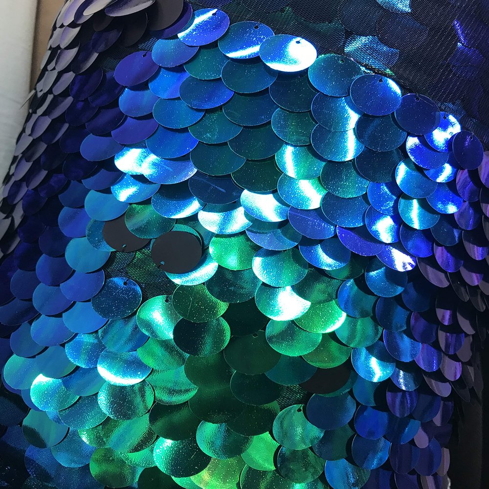 New Creations Fabric & Foam Inc, Fish Scale Paillette Sequin Fabric by The Yard (Aqua- Turquoise On Blue)