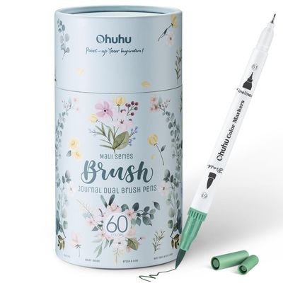 Ohuhu Markers for Adult Coloring Books No Bleeding 60 Colors Coloring Markers Water-based Dual Tips Fineliner & Brush Drawing Pens Art Pens for Kids Adults Sketch Journal - Maui - White