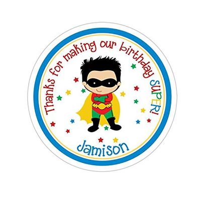 Personalized Customized Birthday Party Favor Thank You Stickers - Robin Superhero - Round Labels - Choose Your Size