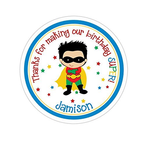 Personalized Customized Birthday Party Favor Thank You Stickers - Robin Superhero - Round Labels - Choose Your Size