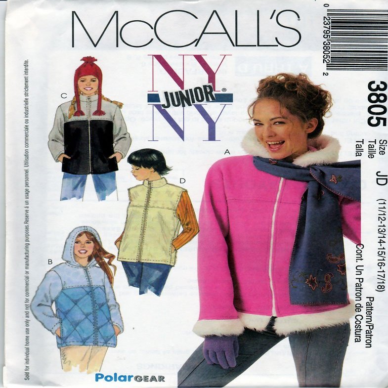 McCall's Sewing Pattern 3805 c2002 NY Juniors Jackets, Vests and Hat, Size JD (11/12-17/18)