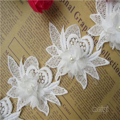 2 Yard 3D Flower Pearl Lace Edge Chiffon Trim Ribbon 10 cm Width Vintage Style White Edging Trimmings Fabric Embroidered Applique Sewing Craft Wedding Dress Embellishment DIY Decor Clothes Embroidery