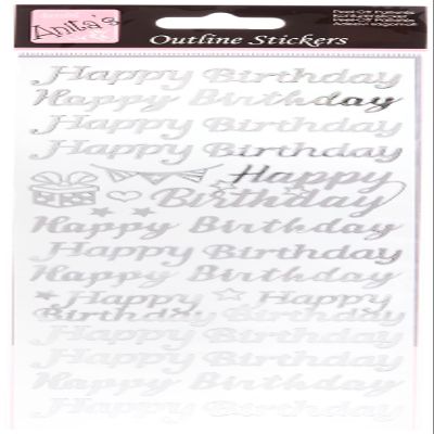 Anitas Outline Stickers, Happy Birthday, Silver on White, for Scrapbooking, Card Making, Kids Play, Homework, Art, Craft, Embelish, Decorative, Paper, Card, Glass, Metal, Plastic, Foam