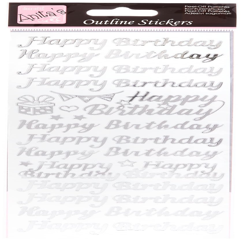 Anitas Outline Stickers, Happy Birthday, Silver on White, for Scrapbooking, Card Making, Kids Play, Homework, Art, Craft, Embelish, Decorative, Paper, Card, Glass, Metal, Plastic, Foam