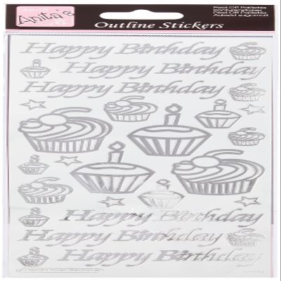 Anitas Outline Stickers, Birthday Cupcake, Silver on White, for Scrapbooking, Card Making, Kids Play, Homework, Art, Craft, Embelish, Decorative, Paper, Card, Glass, Metal, Plastic, Foam