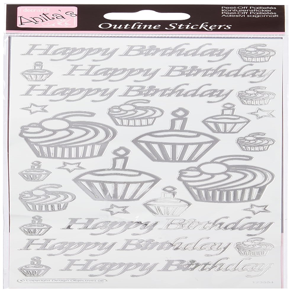 Anitas Outline Stickers, Birthday Cupcake, Silver on White, for Scrapbooking, Card Making, Kids Play, Homework, Art, Craft, Embelish, Decorative, Paper, Card, Glass, Metal, Plastic, Foam