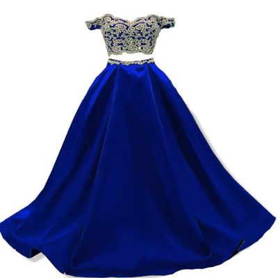 BessDress Two Piece Gold Lace Applique Prom Dresses 2018 Off The Shoulder Party Ball Gown BD450