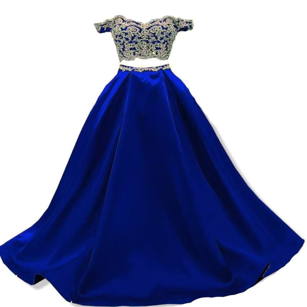 BessDress Two Piece Gold Lace Applique Prom Dresses 2018 Off The Shoulder Party Ball Gown BD450