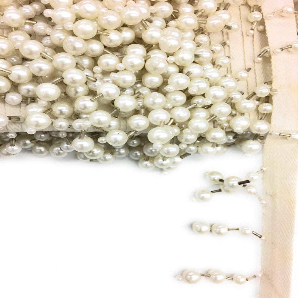1-1/2 inch Long White Pearl Silver Bugle Beaded Fringe Trim 2-Yards- Beaded Fringe