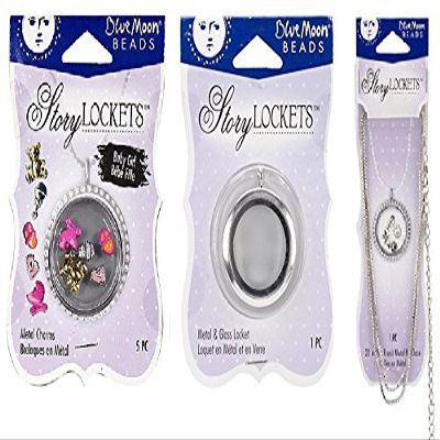 Blue Moon Beads Story Lockets Necklace Set - Baby Girl Metal Charms, Metal & Glass Locket, & Metal Necklace - You receive all 3! Teddy Bear Baby Rattle Diaper Pin Baby Feet Footprints Baby Carriage