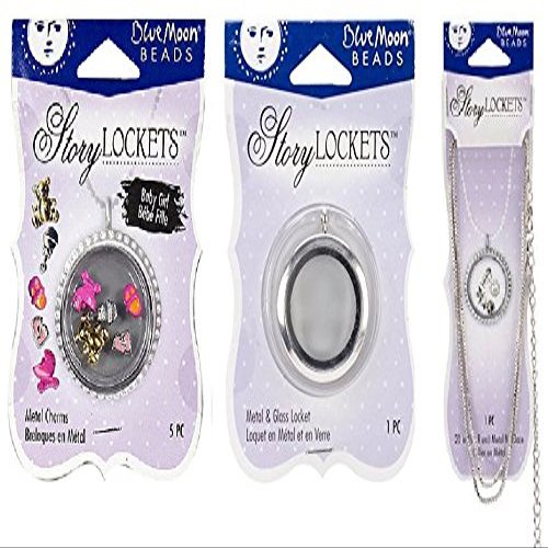 Blue Moon Beads Story Lockets Necklace Set - Baby Girl Metal Charms, Metal & Glass Locket, & Metal Necklace - You receive all 3! Teddy Bear Baby Rattle Diaper Pin Baby Feet Footprints Baby Carriage