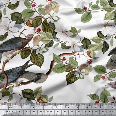 Soimoi Bird and Floral Print 58 Inches Wide Cotton Cambric Fabric Deocrative by The Yard-White