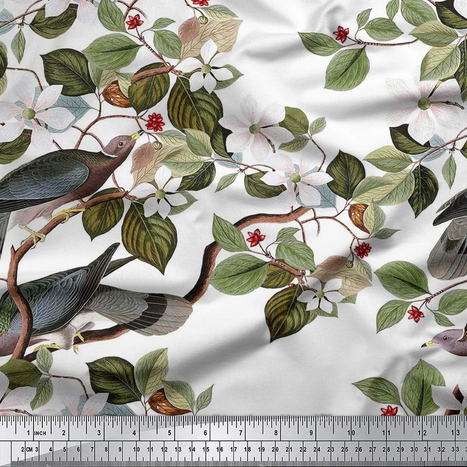 Soimoi Bird and Floral Print 58 Inches Wide Cotton Cambric Fabric Deocrative by The Yard-White