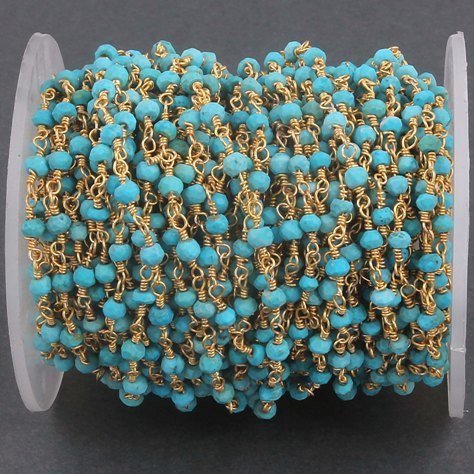 10 feet Turquoise 3mm-3.5mm 24k Gold Plated Rosary Style Beaded Chain - Beads Wire Wrapped Chain