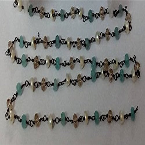 10 Feet Aqua Chalcedony And Glass Pearl With Smoky Quartz Hydro Rosary Beaded Chain - Oxidized Wire Wrapped Chain - Beads Size 3-4mm