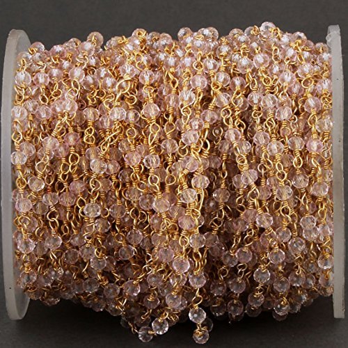 10 Feet Light Pink Hydro Coated Quartz 3mm 24K Gold Plated Wire Wrapped Rosary Style Beaded Chain