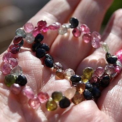 pink green gem watermelon tourmaline faceted heart briolette drop beads 5-6mm full 8" strand