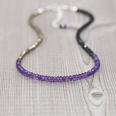 amethyst, black spinel & pyrite necklace in sterling silver, rose or gold filledfilled filled. dainty beaded choker. delicate gemstone layering necklace 3 to 3.5mm 16" strand.