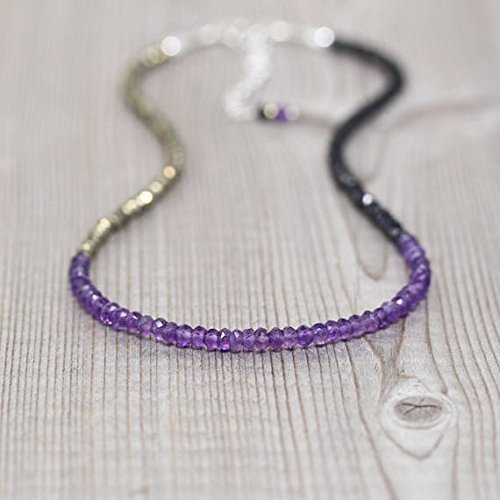 amethyst, black spinel & pyrite necklace in sterling silver, rose or gold filledfilled filled. dainty beaded choker. delicate gemstone layering necklace 3 to 3.5mm 16" strand.
