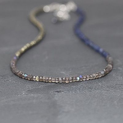 labradorite, iolite & pyrite necklace. beaded blue gemstone choker. long layering necklace. sterling silver, rose or gold filledfilled filled. jewellery 3.5mm 16" strand.