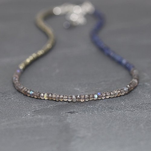 labradorite, iolite & pyrite necklace. beaded blue gemstone choker. long layering necklace. sterling silver, rose or gold filledfilled filled. jewellery 3.5mm 16" strand.