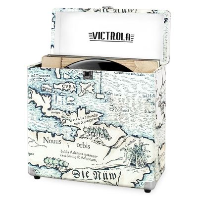 Victrola Collector Record Storage Case Holds 30+ Vinyl Turntable Records, Heavy-Duty Hardware, Hinges, & Smart Metal Corners, Portable with Easy-Carry Handle (Retro Map)