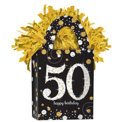 Sparkling Celebration 50 Mini Tote Cardstock and Foil Balloon Weight - 5.7 oz. (1 Pc) - Dazzling Multicolor Party Essential for 50th Birthday & Anniversary Decor