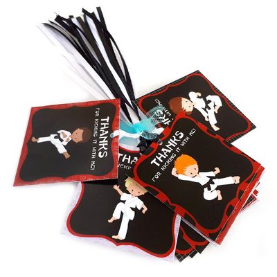 Karate Boy Thank You Favor Tags by Adore By Nat - Kids Birthday Martial Arts Party Gift Tags 2" Square Pre-Strungs - Set of 12