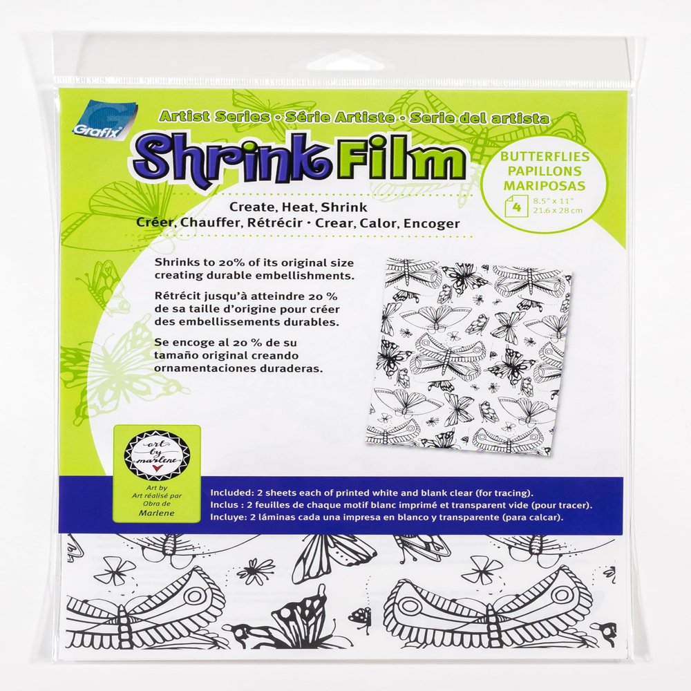 Grafix Artist Series Shrink Film Butterflies Design by Art By Marlene, 8.5"x11", 2 Pre-Printed White Shrink Sheets and 2 Clear Transparent Shrink Sheets,Easy to Create and Decorate,Pack of 4