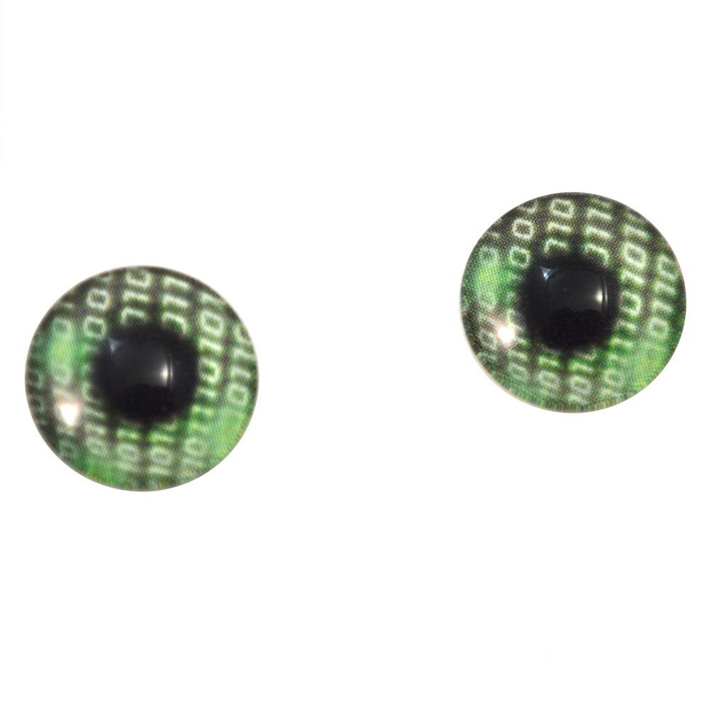 14mm Green Computer Code Glass Eyes Cyberpunk Inspired Doll Irises for Art Polymer Clay Taxidermy Sculptures or Jewelry Making Set of 2
