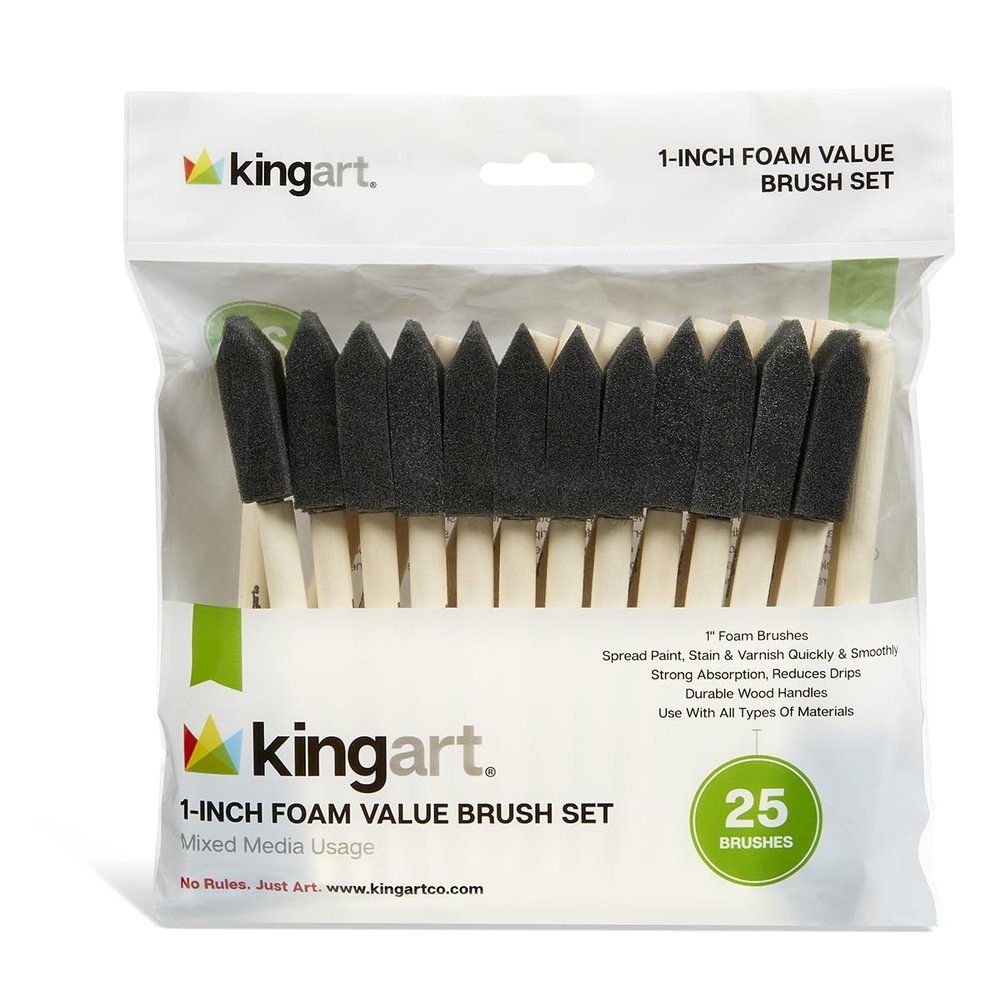 KINGART Foam 25 Pc. Value Pack 1" Brush Set, Short Wood Handle, for Oil, Acrylic & Watercolor Paint, Great for Crafts, DIY Home Projects, Hobbies & Group Activities