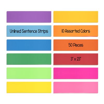 Hygloss Products Bright Sentence Strips - Great for Arts and Crafts, Decorations, Classroom Activities - Cardstock - Unlined Thin Strip - 10 Assorted Colors - 3" High x 23" Long Size - 50 Pieces