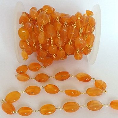 JP_Beads 10 Feet Natural Carnelian Smooth Oval Beaded Chain - 24K Gold Plated Wire Wrapped Chain - Oval Beaded Chain - Beads 6X8mm