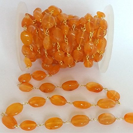 JP_Beads 10 Feet Natural Carnelian Smooth Oval Beaded Chain - 24K Gold Plated Wire Wrapped Chain - Oval Beaded Chain - Beads 6X8mm