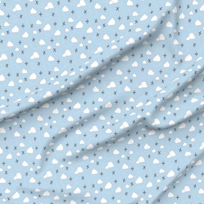 Spoonflower Fabric - Clouds Gray Light Blue Airplanes Air Navy Planes Sky Printed on Organic Cotton Sateen Fabric by The Yard - Sewing Quilting Apparel Home Decor