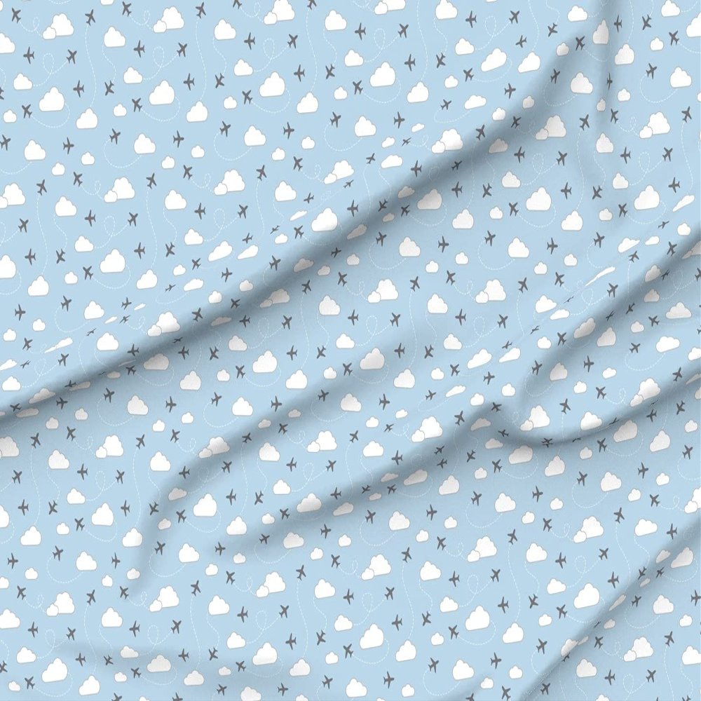 Spoonflower Fabric - Clouds Gray Light Blue Airplanes Air Navy Planes Sky Printed on Organic Cotton Sateen Fabric by The Yard - Sewing Quilting Apparel Home Decor