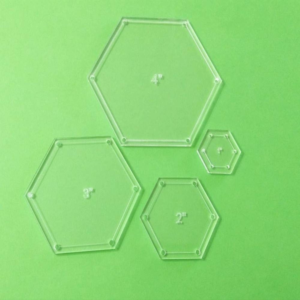 Clear Acrylic Hexagon Quilting Template Set, 4", 3", 2", 1" with 1/5" Seam Allowance