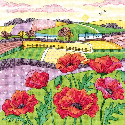 Heritage Counted Cross Stitch kit Aida Poppy Landscape, KCPL1475-A, 20,5x20,5cm, DIY