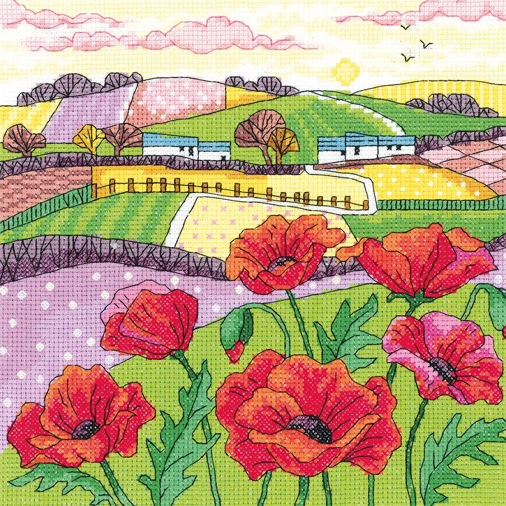 Heritage Counted Cross Stitch kit Aida Poppy Landscape, KCPL1475-A, 20,5x20,5cm, DIY
