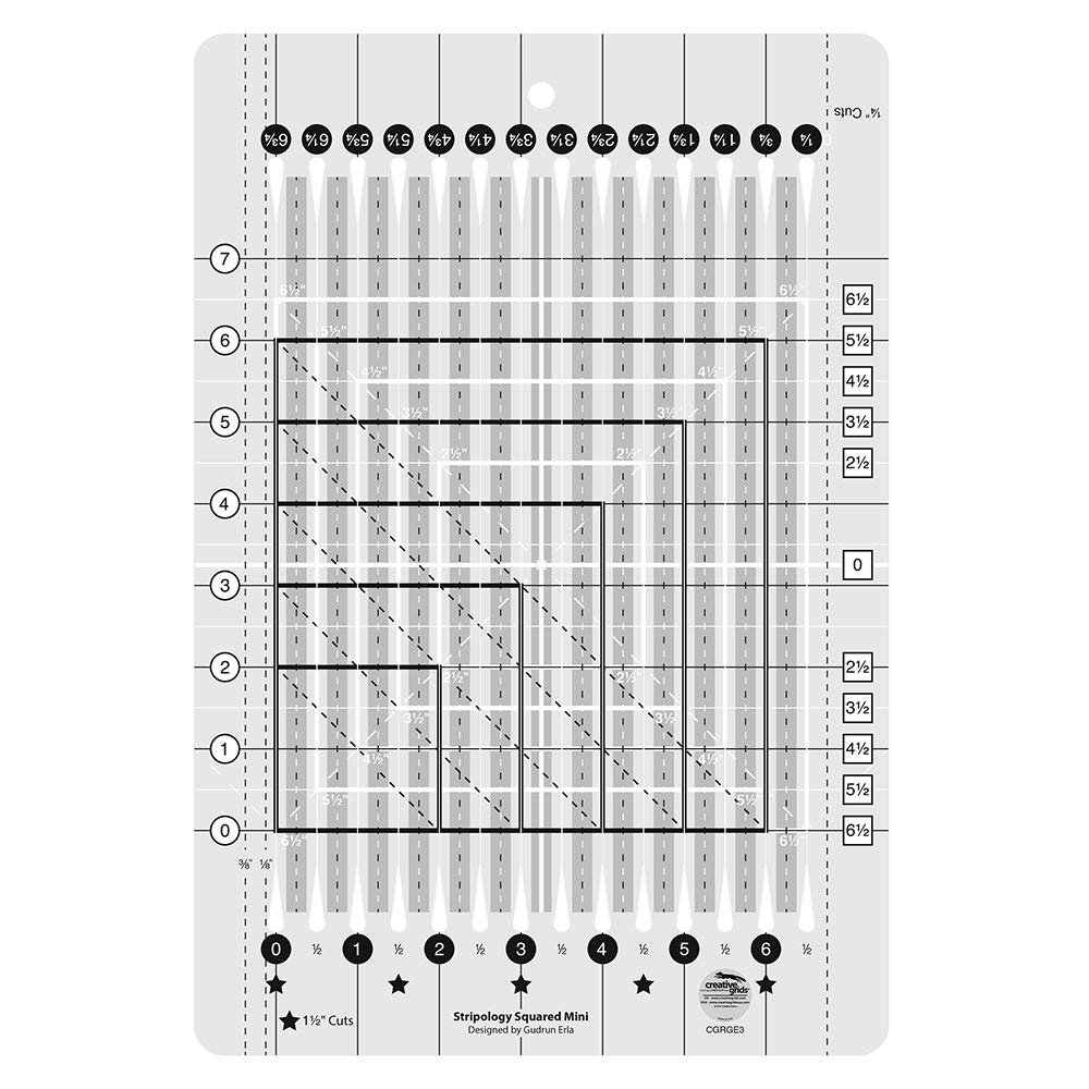 Creative Grids Stripology Mini Slotted Quilting Ruler CGRGE3 Made in USA, 8-1/2in x 12-1/2in, Non-Slip Grip Acrylic Fabric Strip Cutting, Sewing, Crafting, Patchwork Ruler & Template