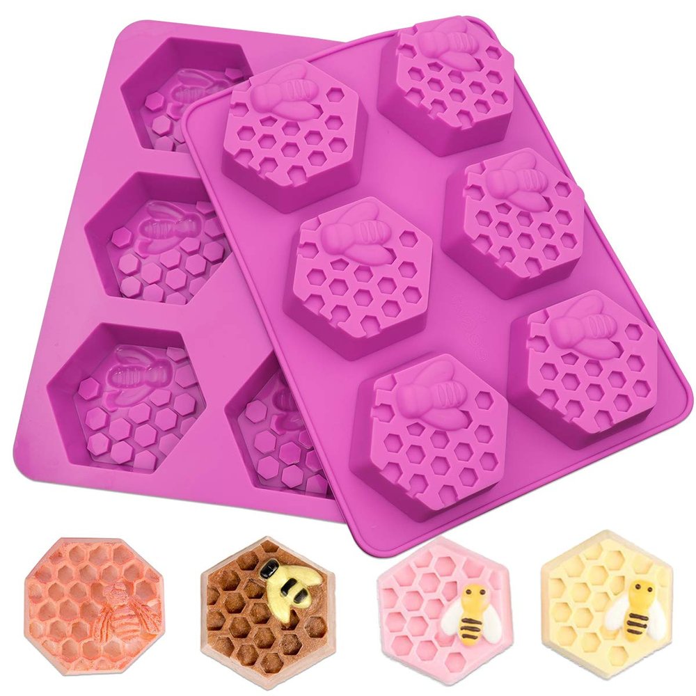 Sakolla 2 Pack Honeycomb Silicone Soap Molds, 6 Cavity Hexagon Bee Silicone Molds for Soap, Lotion Bars, Wax Melts, Beeswax (Purple)