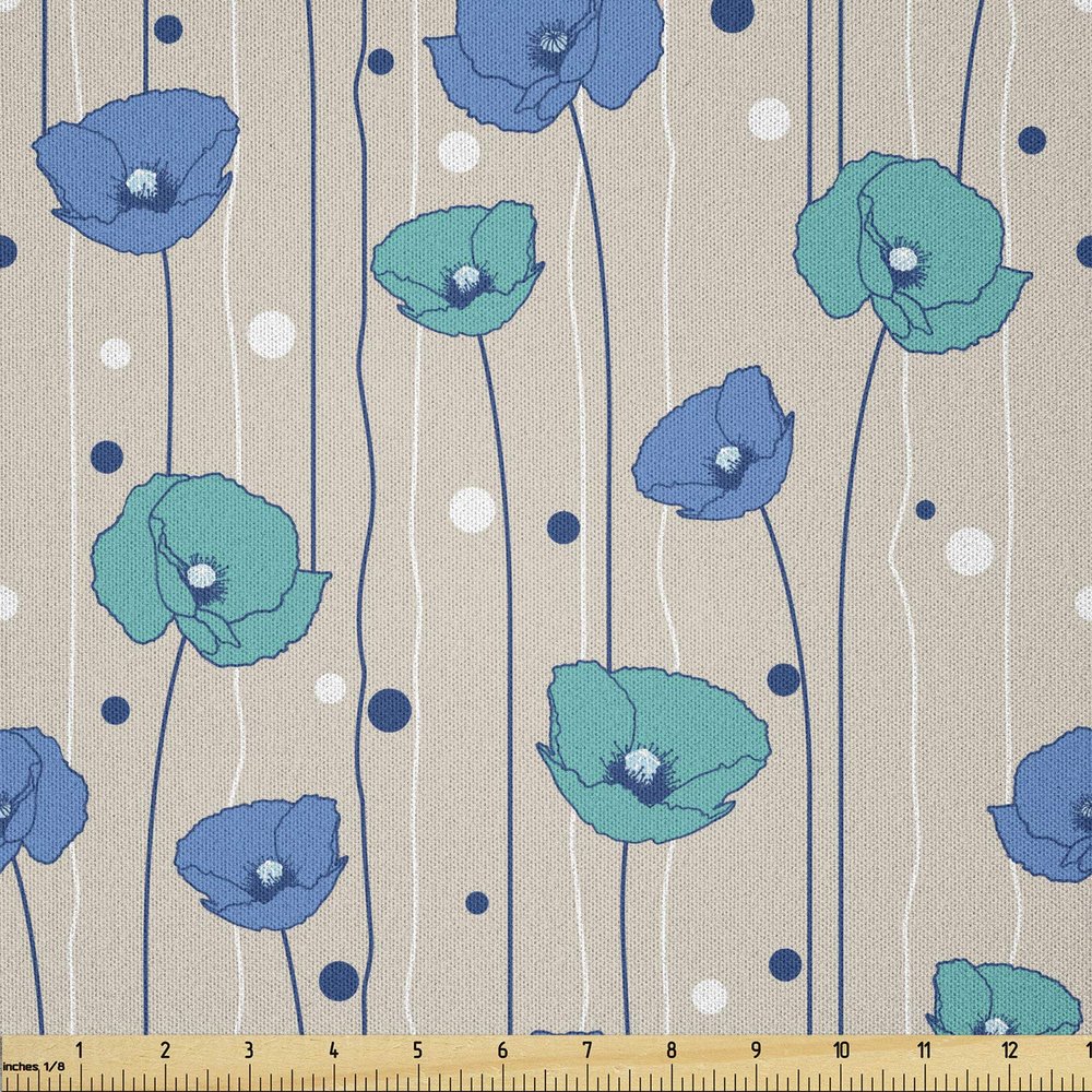 Lunarable Cream Fabric by The Yard, Poppy Flower Arrangement with Abstract Dots Nature Inspired Floral Artwork, Microfiber Fabric for Arts and Crafts Textiles & Decor, 5 Yards, Blue Turquoise Tan